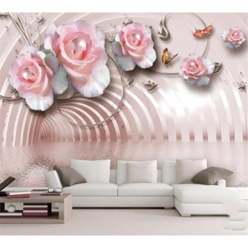 Beibehang HD custom 3D wallpaper mural photo fashion crystal pearl rose butterfly romantic European home TV background wall