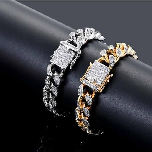 14mm Hip Hop MIAMI CUBAN Chain Bracelets Bling Micro Cubic Zirconia Bangle Hipster Men Women Curb Butterfly Lock Clasp Bangle