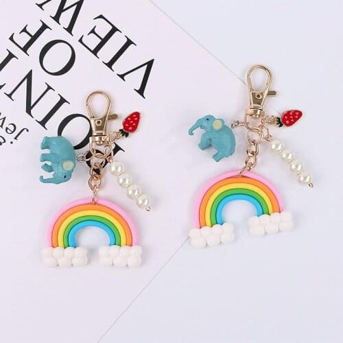 Lovely Strawberry Rainbow Pearl KeyRing Little Elephant Bag Pendant Ornaments For Women Men Key Chain Car KeyRing Gifts