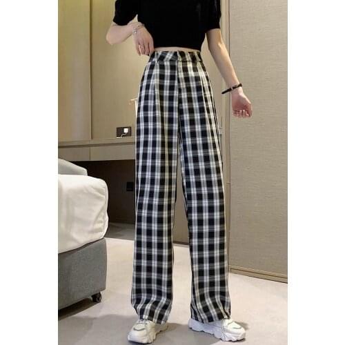 Plaid Pants Women Casual Chic Loose Wide Leg Trousers Retro Teens Harajuku Hip-hop All-match Unisex Streetwear