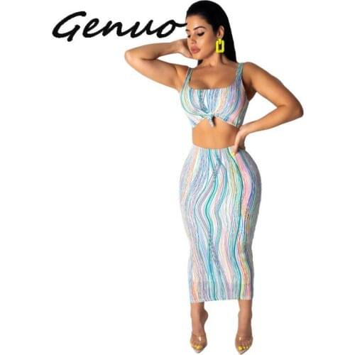 Colorful Striped Sexy Two Piece Set Women Square Collar Backless Crop Top + Bandage Skirts Sweatsuit Summer 2 Piece Club Outfits