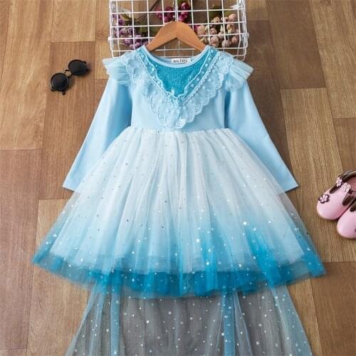 4-12 Year Childern Lace Sequined Princess Dress Pretty Mesh Knee-Length Blue Summer Dresses For Girls Suit all Formal Occasion