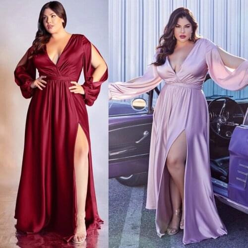 Deep V Neck Long Sleeve Maxi Dress Split Prom Maxi Dress High Side Double High Slit Long Mermaid Plus Size Evening Party Dresses