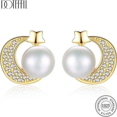 DOTEFFIL 8mm Purple/White/Pink Pearl 925 Sterling Silver AAA Zircon Moon Gold Earrings For Women Wedding Engagement Jewelry