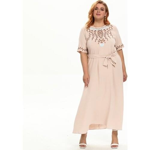 FridayIn Spring Autumn Apricot Muslim Dress Charme Lady Fresh Floral ONeck Cloth Women Solid Color Large Size Loose Printing Top