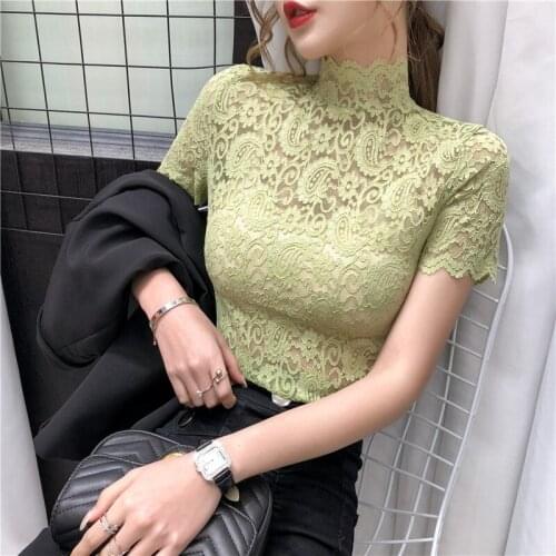Short sleeve turtleneck lace blouse Lace shirt womens retro 2021 summer new slim mesh half-high collar short-sleeved tops