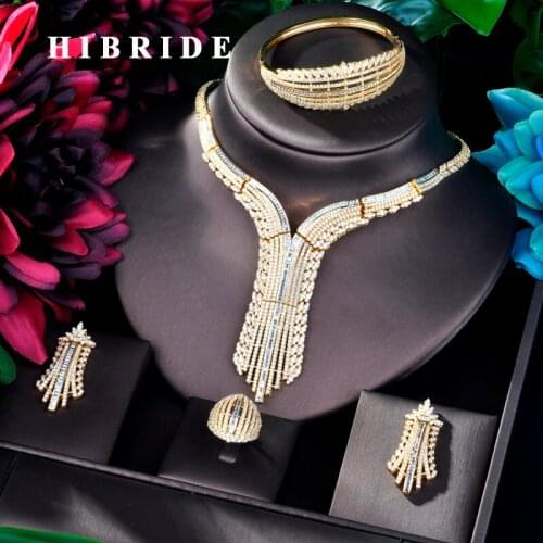 HIBRIDE Fashion Big Luxury Design Gold Color Tassel Women Jewelry Set Cubic Zirconia Necklace Dubai Dress Jewelry Set N-820