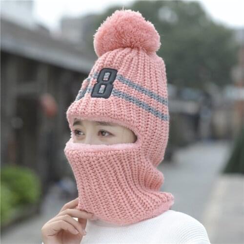 Hot Selling Multi Functional Knitted Cap Balaclava Mask Winter Wool Hats for Women Beanies Thick Mask Pom Poms Skullies Hat