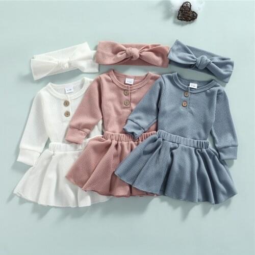 3 Pcs Newborn Casual Outfits Baby Girls Solid Color Long Sleeve Round Neck Romper + Skirt + Bowknot Headband