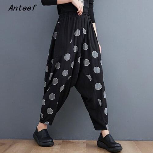 Korean fashion black cotton plus size high waist vintage Polka Dot streetwear casual loose autumn trousers women pants clothing