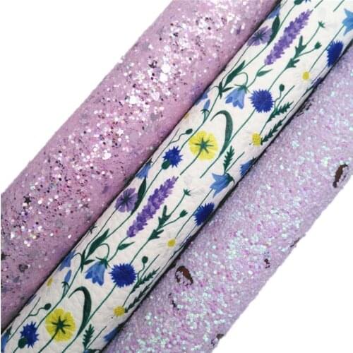 Purple Baseball Glitter leather, Flowers Printed Synthetic Vinyl Fabric Faux Leather Sheets For Bows DIY 21x29CM KM765
