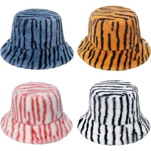 Fashion Zebra Striped Plush Basin Hat Fisherman Hat Unisex Faux Rabbit Fur Wool Plush Hats Autumn Winter Hat Hipster