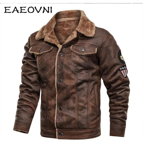 EAEOVNI Leather Jacket Men Cargo Jackets Outerwear Motorcycle Biker Male Winter Fur Jacket Thick Fleece Coats Mens Windproof Top
