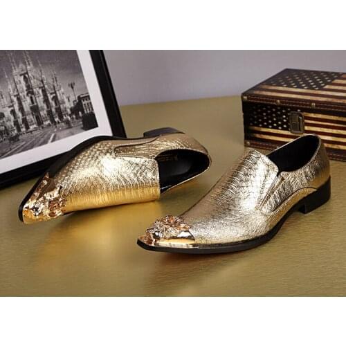 British Style Mens Oxfords Gold Color Man Dress Wedding Shoes Metal pointed toe Breathable Slip on Genuine leather Men Shoes