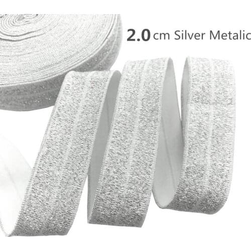 New 10Y 20mm Silver Metallic Fold Over Elastic Glitter FOE Ribbon for Sewing Hair Tie Headwear Hair Accessories Gift Webbing