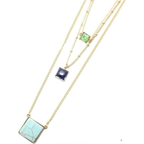 New Trendy Layered Necklace for Women Green Blue Square Faux Marble Stone Pendant Fashion Jewelry