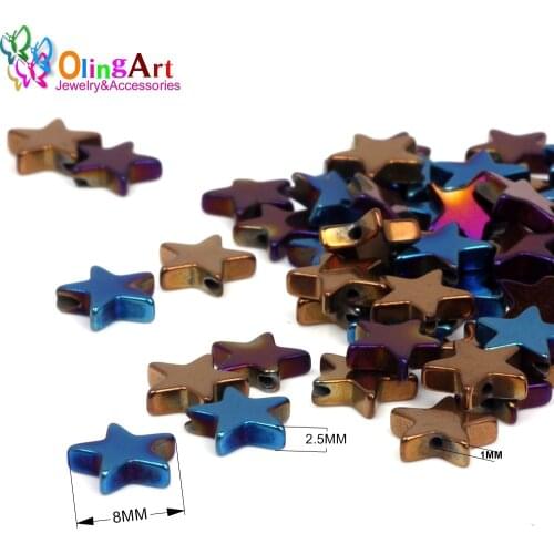 OlingArt 8MM 60pcs Natural Stone Black Hematite Beads Metal plating Blue light color Stars necklace Bracelet DIY jewelry making