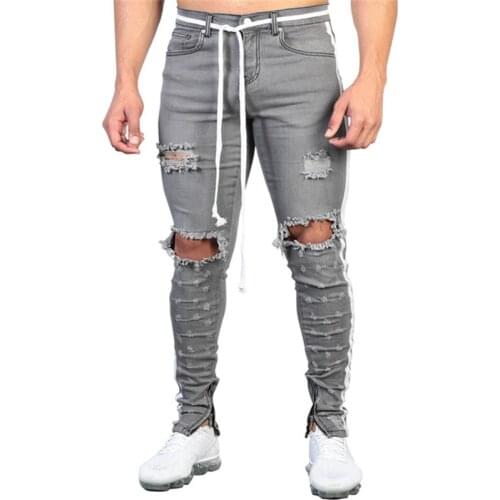 Gray Jeans Skinny Ripped Destroyed Stretch Joggers Men Slim Fit Hip Hop Denim Pants with Holes for Men Striped Jeans