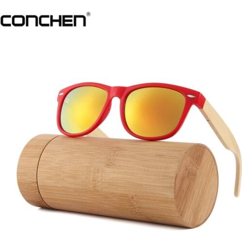 CONCHEN Womens Mens Bamboo Wooden Sunglasses White Frame eyewear With Coating Mirrored UV 400 Protection Lenses in Wooden Box