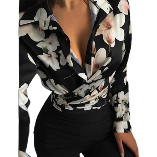 Stylish Women Shirt Butterflies Print Turn-down Collar Black Red Long Sleeve V Neck Pullover Blouse Ladies Clothing for Autumn