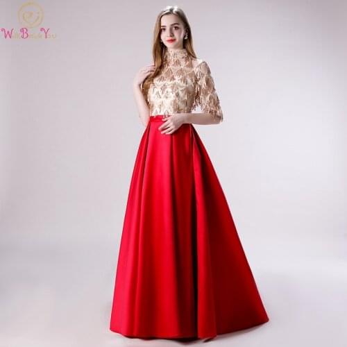 A-line Formal Party Girls Tassel Sequins Prom Dresses 2019 Red Long vestidos de gala Half Sleeves High Neck Satin Evening Gowns