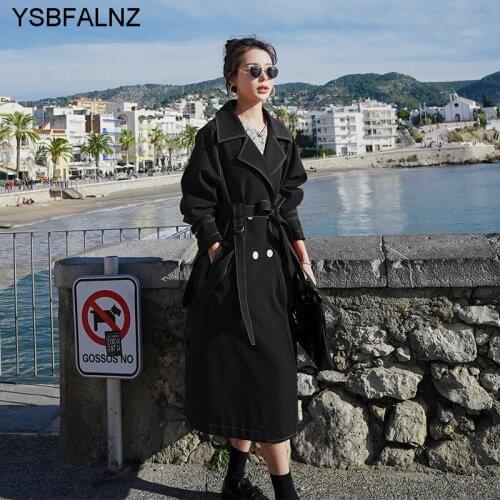 Trench Coat Women Double Button Lapel Long Elegant Slim High Street Red Solid 2021 Autumn Fashion Belt Loose Plus Size Clothing