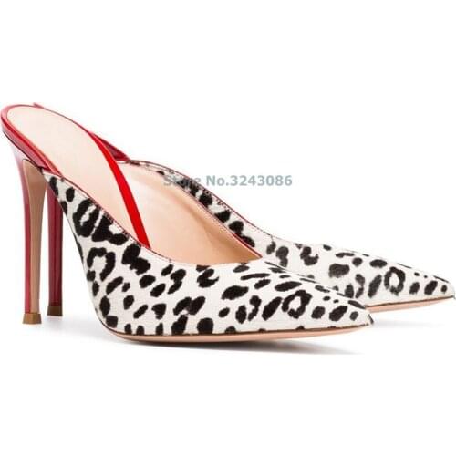 Suede Leopard Print Stylish Slipper Sexy Mules Red Thin High Heel Sandal Off White Brown Pointed Toe Women Sandalias Mujer 2018