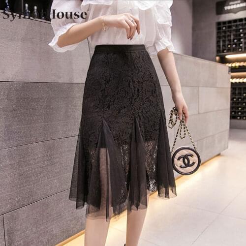 New Fashion 2021 Women Lace Skirt Slim Sexy Mesh Patchwork A-line Skirt Elegant Stretch Casual Office Ladies Skirts