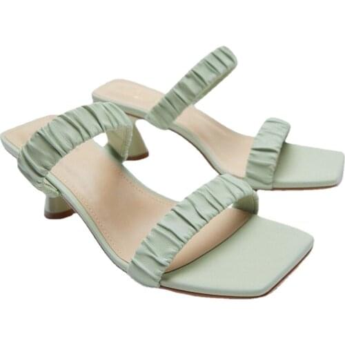 ZAR 2021 Summer New Green Folds One Word With Fashion Square Toe High Heels Sexy Muller Sandals And Slippers Women Luxury Beach