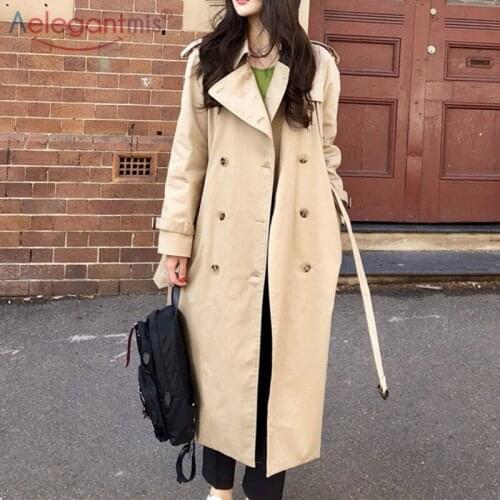 Aelegantmis Vintage Double Breasted Loose Trench Coat for Women Belt Oversized Korean Boyfriend Long Trench Coat Windbreaker