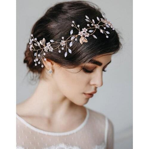 ZMHP360 Golden Leaves Bride Headwear with Milk Rhinestone and Pearl Wedding Birthday Party Prom Woman Hair Jewelry Girl Hairband