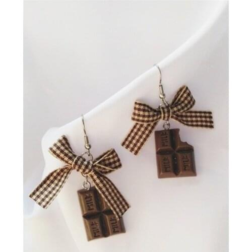 2019 Korean Fashion geometric bowknot cloth dangle earrings funny cute chocolate resin long earrings women jewelry ear clip gift