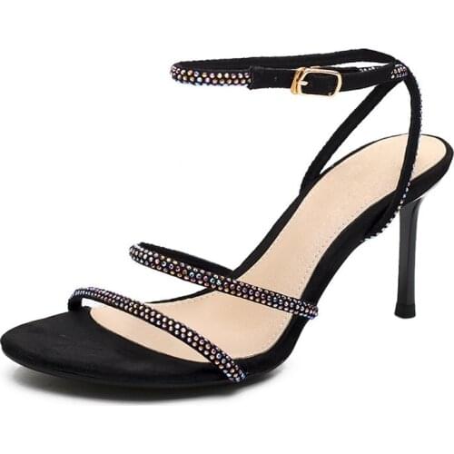 Women sandals Flock Sequined Cloth Buckle Strap 6CM 8CM Thin Heels High heels Round Toe Bling Shallow women shoes size 35-42