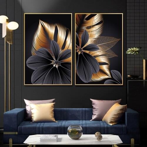Black and Gold Leaf Canvas Prints Light luxury Art Posters Abstract Picture for Living Room Bedroom Fashion Wall Painting Decor