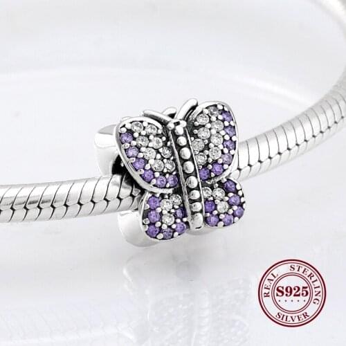 2020 Fashion 925 Sterling Silver Purple Butterfly Cz Beads Fit Original Charm Bracelet Jewelry DIY Making