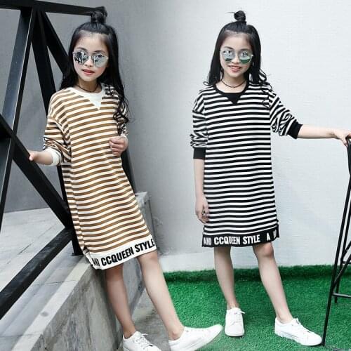New Kids Cotton Striped T Shirt Spring Autumn Long Sleeve T-shirt Dresses Clothes for Teenage Girls 5 6 8 10 12 14 Years