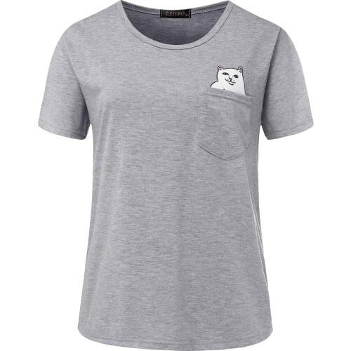 Summer Short Sleeve Women T Shirt with Cat Print on the Pocket Ladies Tee Tops