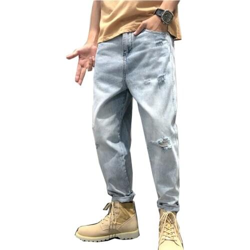 Summer new style light blue loose mens and mens jeans lightweight denim casual trousers