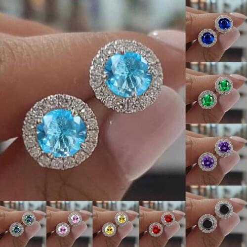 Cute Female Rainbow Crystal Small Earrings Classic Silver Color Wedding Jewelry Charm Round Zircon Stud Earrings For Women