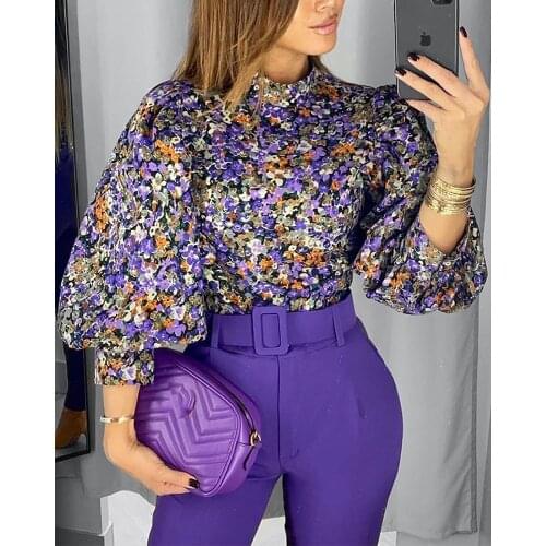 Ninimour 2020 New Fashion Vintage Women Blouse Floral Lantern Sleeve Top Ladies Elegant Long Sleeve Casual Top