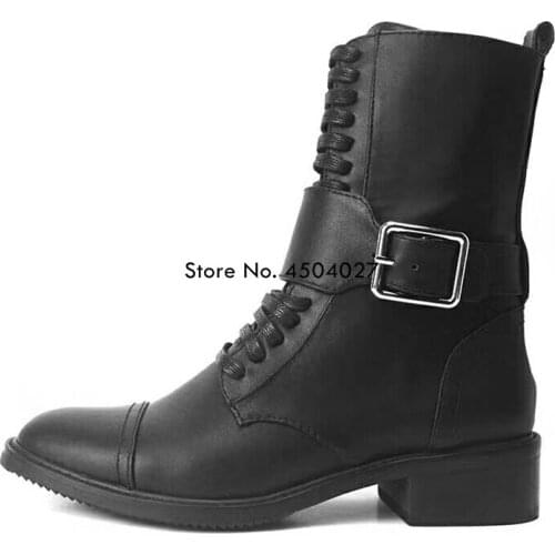 New Buckle Autumn Motorcycle Boots Women Ankle Boots Female Lace Up Round Toe Low Heel Short Boot Women Shoe 35-41