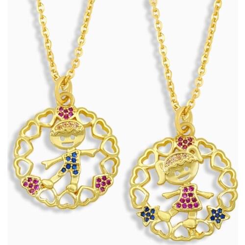 FLOLA Round Boys And Girls Couple Necklace For Women Gold Plated Heart Pendant Necklace Cubic Zirconia Wholesale Jewelry nkeu19