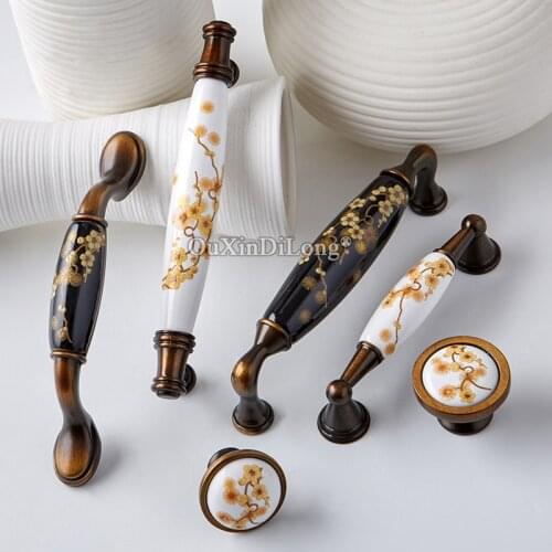 Retro 10PCS European Ceramic Printing Kitchen Cabinet Door Handles Cupboard Wardrobe Drawer Wine Cabinet Pulls Handles and Knobs