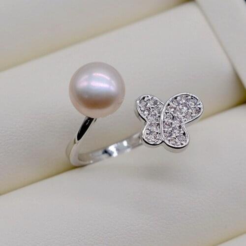 Romantic Butterfly Ring, 8-9mm Natural Freshwater Pearl, Sterling Silver, Zircon, Adjustable, Pearl Ring