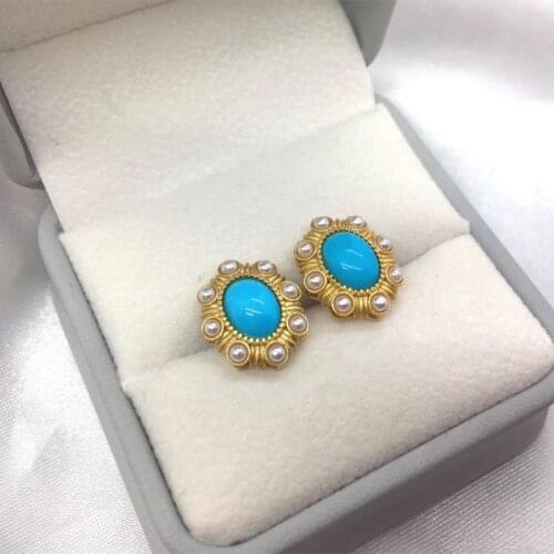 Pure natural Hubei turquoise earrings palace retro style exquisite Italian craftsmanship inlaid high porcelain blue pine