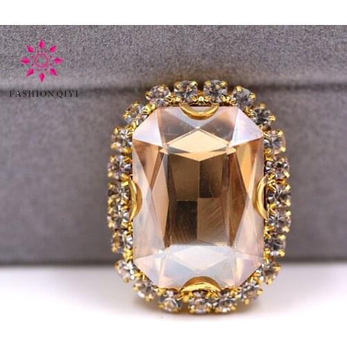 Free shipping Gold base Rectangular octagonal shape Champagne sew on rhinestones glass Crystal button DIY clothing accessories