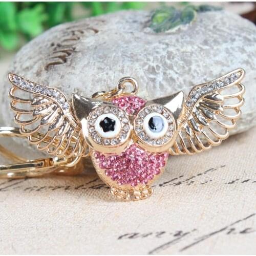 Flying Pink Owl Wing Crystal Rhinestone Charm Pendant Purse Bag Car Key Ring Chain Creative Wedding Party Christmas Gift
