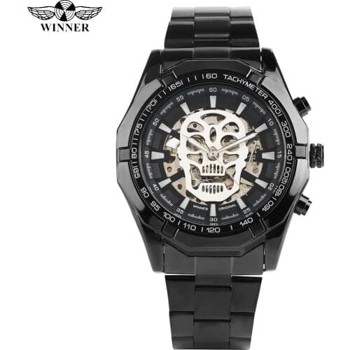 Unique Skull Dial Automatic-self-winding Watches for Men Analog Mechanical Watch for Male Black Stainless Steel Band Watches