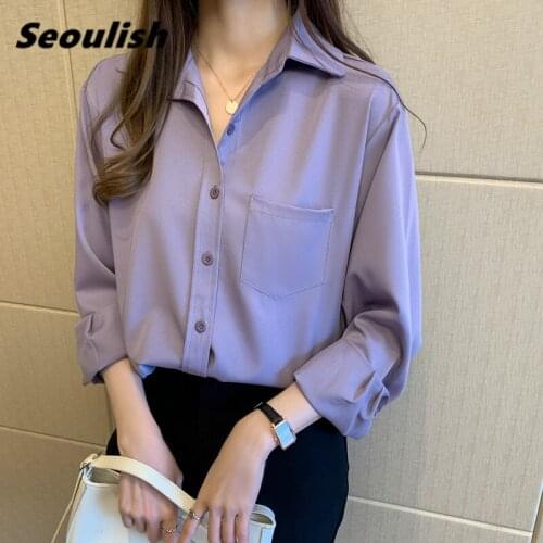 Seoulish Pink Office Ladies Blouse 2021 New Spring Autumn One Pocket Elegant Long Sleeve Single Breasted Womens Shirts Tops
