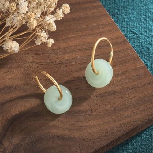 Chinese Style Elegant Women Hoop Earrings Ping An Buckle Natural Stone Pendant Earrings Jewelry Amulet Gift